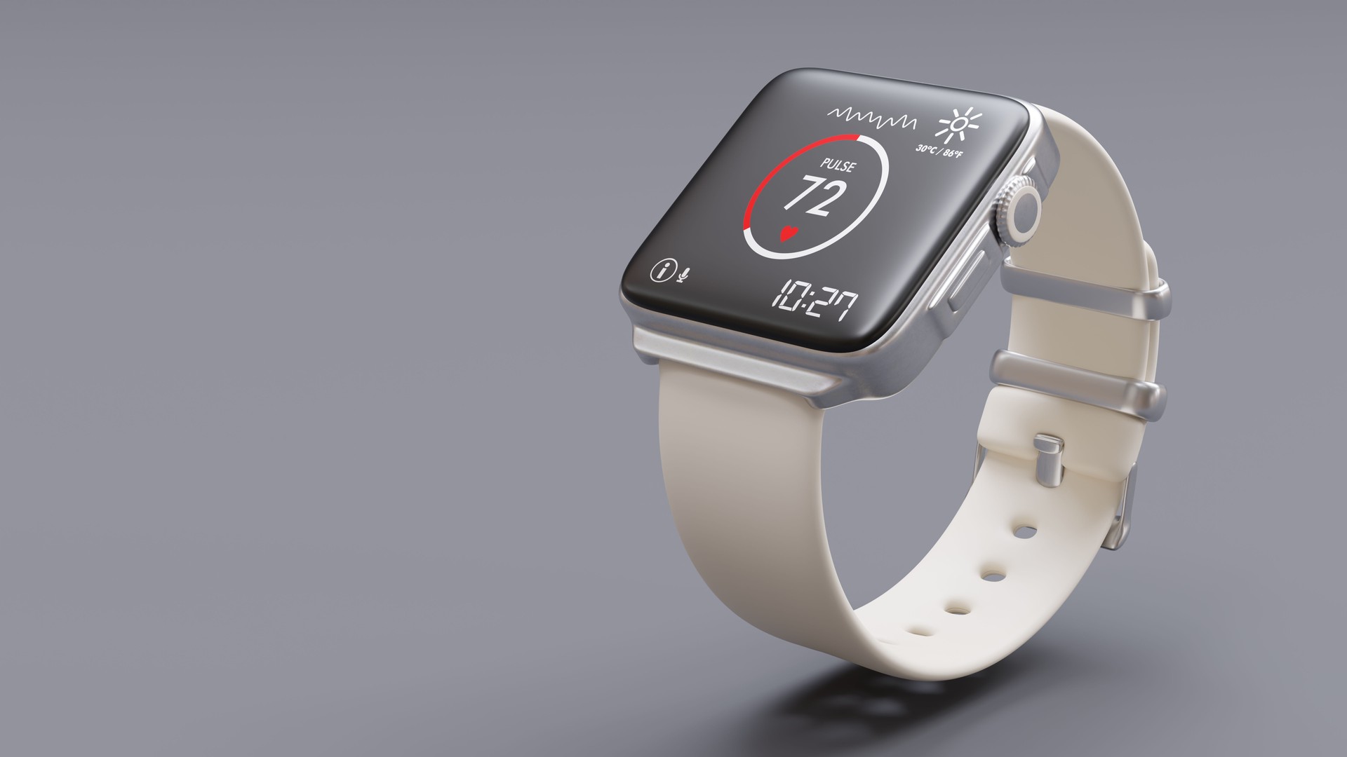 Smart watch with with heart pulse monitoring on screen isolated on grey, digital smartwatch health app