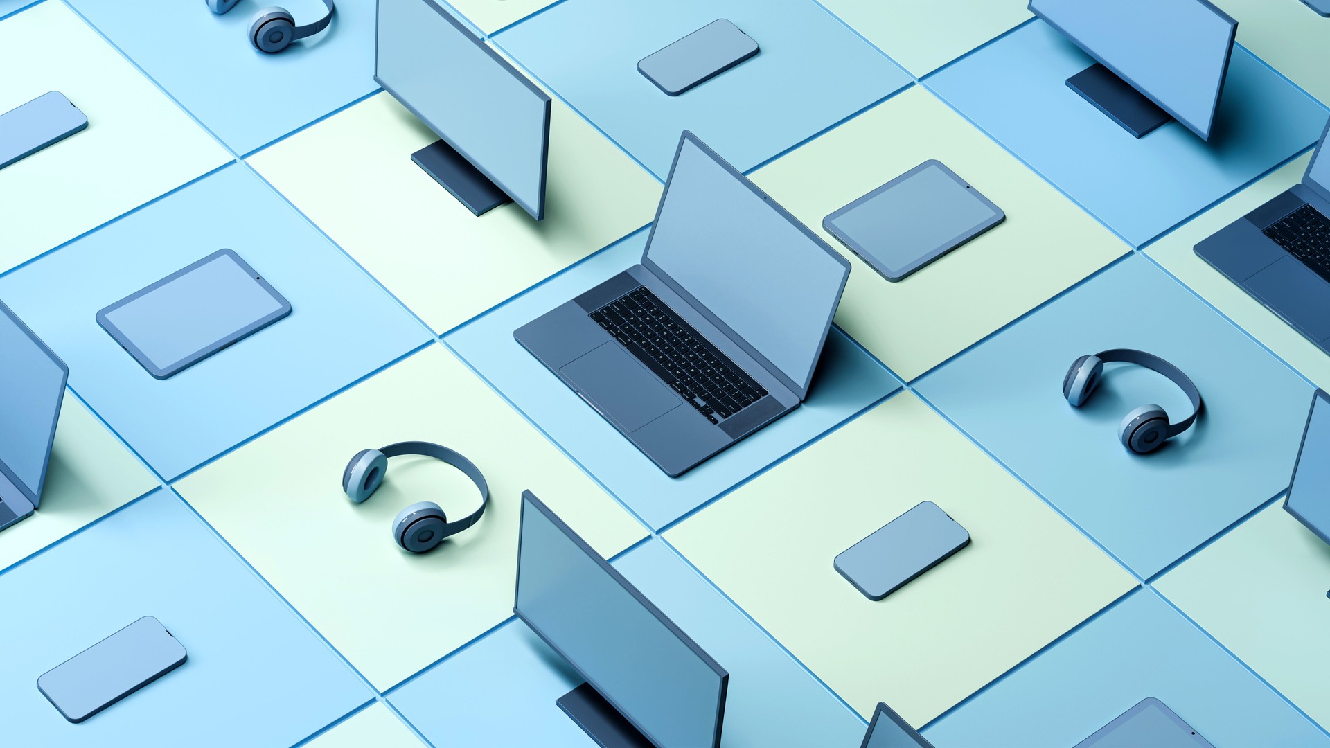 Boost Your Tech Game, Laptop, Phone, Tablet, Monitor, and Headphones on Blocks Background, 3D render